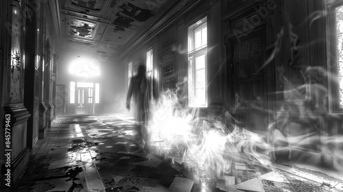 Eerie ghost haunting an abandoned corridor, spectral shadow supernatural paranormal shadow, spooky apparition creepy hallway