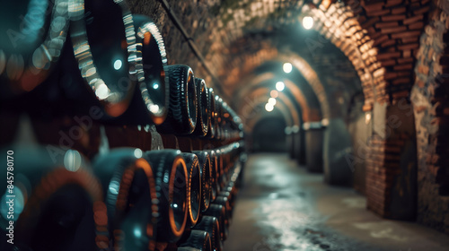 A dark tunnel with a row of green bottles lining the walls