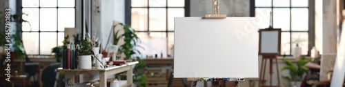 Blank canvas on an easel in a creative studio. Mockup. Banner with copy space