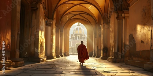 A monk strolling through a monastery. Concept Meditation, Spiritual Journey, Peaceful Environment