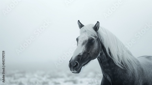 Black white photography majestic grey horse with long white mane standing in snowy field, hoof stallion mammal saddle
