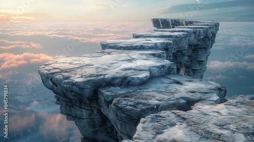 Person standing on narrow stone platform high above clouds with bright sky mountain range in background symbolizing precariousness life need to maintain balance, cloud landscape cliff