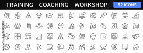 Training and Workshop thin line icons set. Coaching, education, seminar icon. Vector