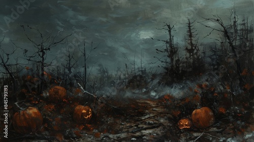 Spooky Halloween Pumpkin Patch in Dark Forest, Generative AI