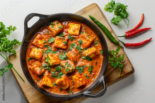 Indian-style cottage cheese vegetarian curry dish. Kadai Paneer - traditional Indian food. paneer tikka masala in a pan on a wooden board on a white background