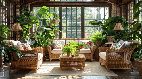 Vintage style sunlit conservatory with greenery and cozy furniture for a nostalgic ambiance