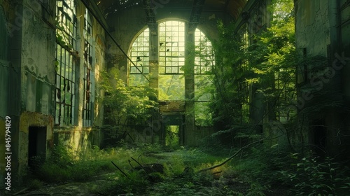 Nature reclaiming abandoned factory, trees and wildlife overtaking industrial decay