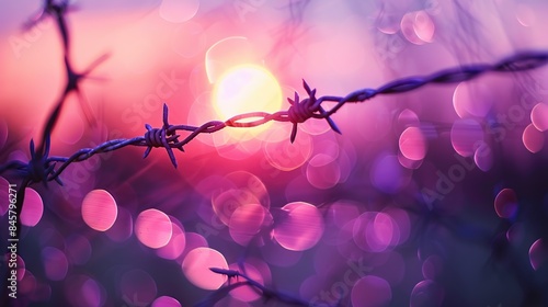 Barbed wire fence with purple blurred background