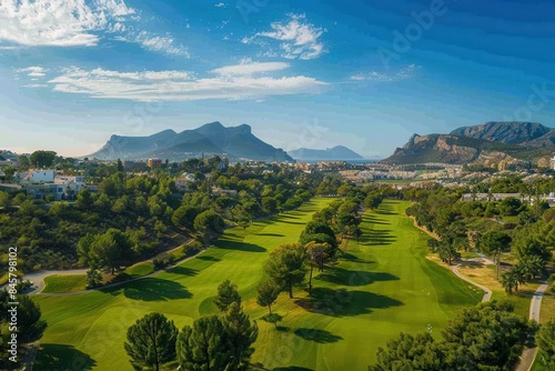 aerial view of beautiful green golf course fairway in albir alicante spain on sunny day