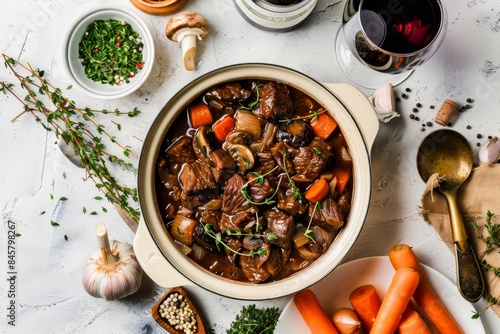 Beef stew with bacon vegetables thyme and red wine in casserole on white table