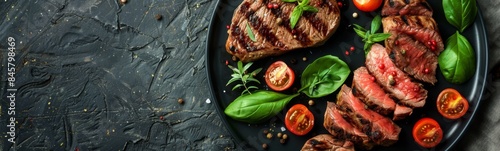 Plate of steak and vegetables on a table, carnivore diet plate, food background 