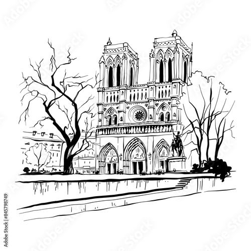 Black and white Notre-Dame Cathedral in Paris, France, showing gothic architecture and twin towers