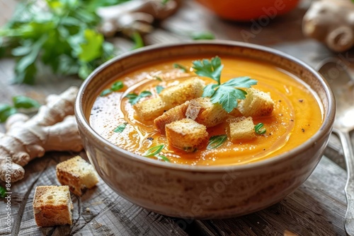 Carrot soup with croutons and ginger on wood table