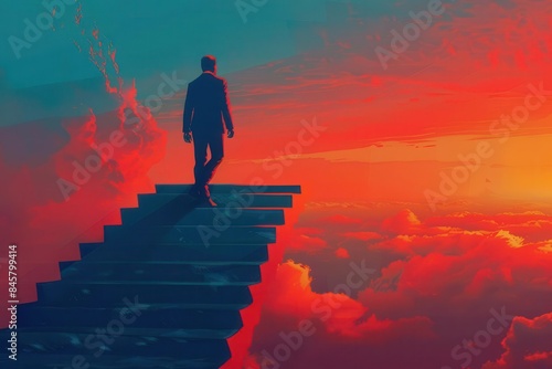 ambitious businessman climbing stairs dreaming of future business success concept illustration digital art