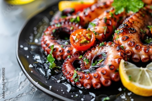 authentic greek grilled octopus on black plate closeup of traditional mediterranean seafood cuisine food photography