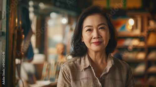 The picture of the southeast asia female working as entrepreneur in her own room with blur background, the entrepreneur require skill like creativity, leadership, management and communication. AIG43.