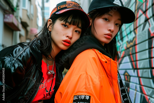 Young Japanese women posing in modern clothes, streetwear, fashion editorial photography