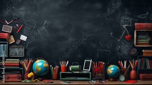 Variety of colorful school supplies arranged on a blackboard background for back to school theme