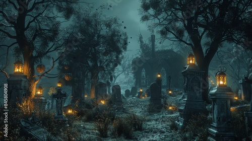 Haunted Graveyard with Lanterns and Gothic Chapel, Generative AI