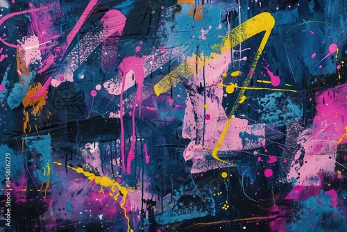 chaotic abstract painting with gestural brushstrokes splatters and smears in neon pink yellow and blue on dark background street art graffiti style grungy texture