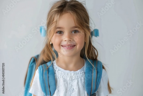 A sweet young girl with a serene smile wears a blue backpack, and blue hair accessories on a plain white background