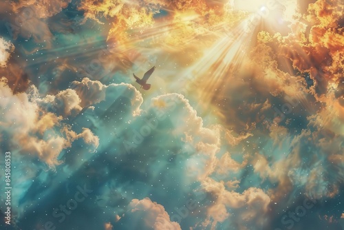 collage of sunrays breaking through clouds symbolizing divine presence spiritual background