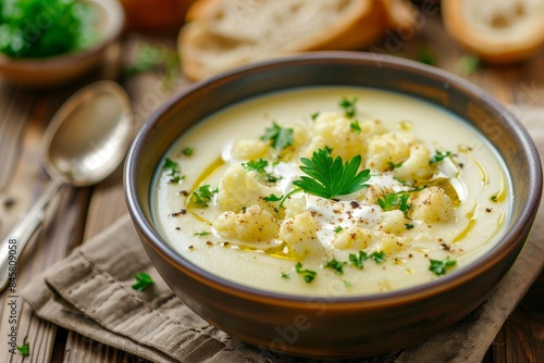 Close up bowl of creamy curry cauliflower soup