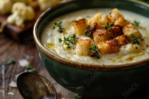 Close up horizontal shot of cauliflower cream soup with roasted florets and croutons in a green bowl