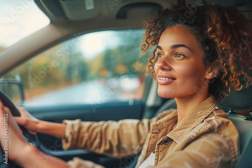 A cheerful curly-haired woman with a joyful expression driving and looking out of the car window