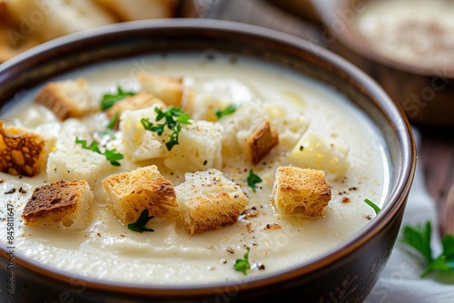 Close up of creamy cauliflower soup with croutons