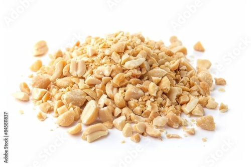 Close up of crushed dried peanuts on white background