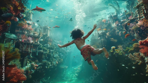 Children diving in the ocean with fantasy underwater view surrounded with vibrant color from coral and fish swimming around. Attractive elementary student exploring the world under the sea. AIG42.