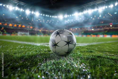 Close-up image of a classic black and white soccer ball on a well-maintained soccer field with stadium lights above