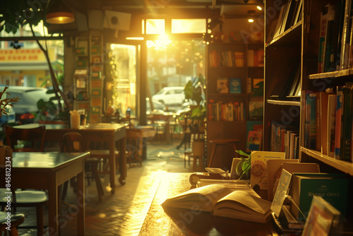 A serene book and coffe shop with golden hour sun.