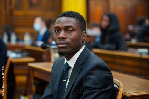 A young black man sits at the defendants table, his face stoic and his eyes looking directly at the camera.