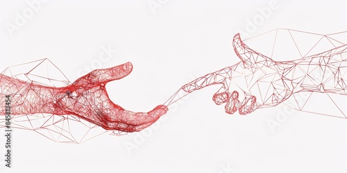 An illustration of two hands reaching out and connecting with a red line on a white background