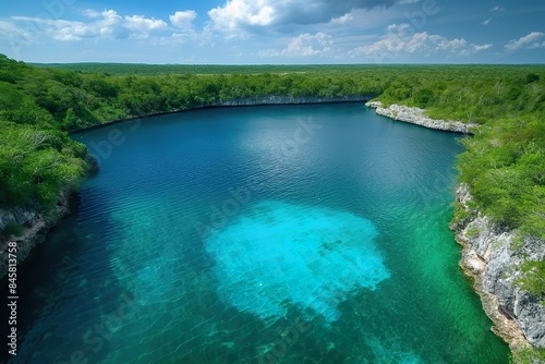 An aerial view of the Taam Ja Blue Hole, a stunning natural sinkhole in Chetumal Bay, Mexico.
