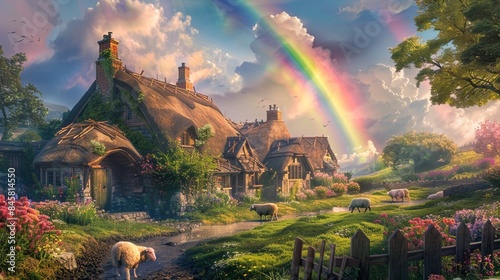 Charming old cottages with thatched roofs and grazing sheep under a vibrant rainbow in a serene rural landscape.