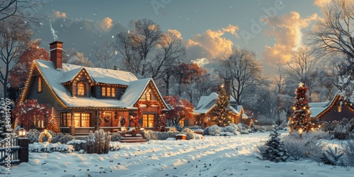 House with christmas lights, surrounded by snow and trees