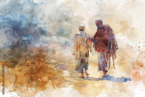 digital watercolor painting of the prodigal son returning to his father biblical parable illustration