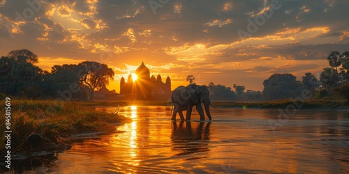 An elephant is peacefully crossing a river as the sun sets in the background