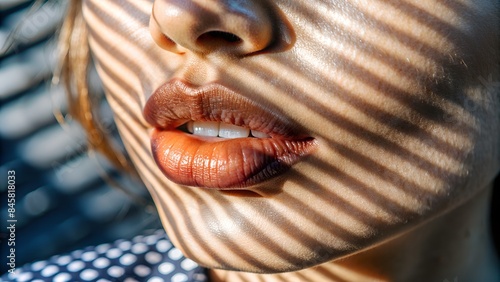 Close-up of woman's lips and nose with shadow patterns