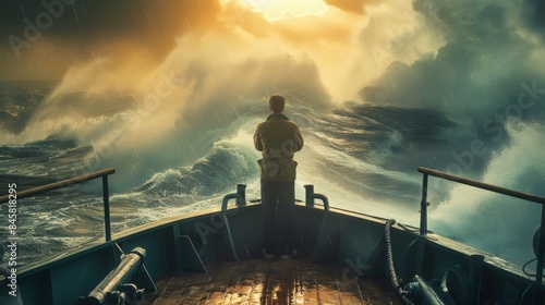 A ship captain on bow with giant tide in turbulent sea water.