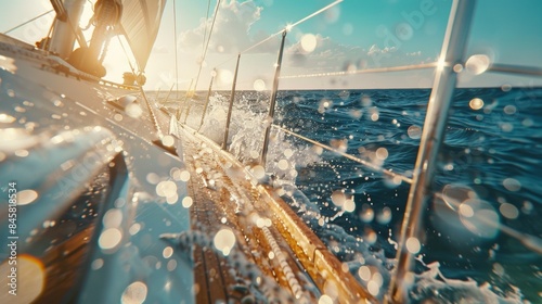 Deck view from a sailing ship with beautiful seascape and water splash.