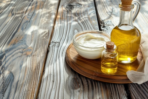 Dairy and oil fats on wood background