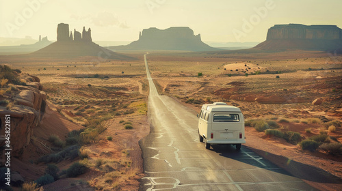 Vintage camper van driving on road in American's Wild West