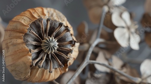 Close up image of mature dried poppy seed pod and seeds alone