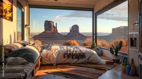 Interior view from a camper van of outside beautiful view of wild west landscape