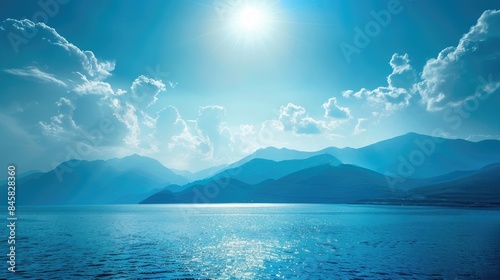 The azure sea and blue sky meld under the bright sun while distant mountains are painted in a beautiful blue tone forming a picturesque landscape