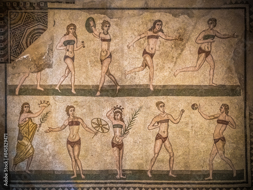 Bikini girls mosaics in Villa Romana del Casale, Piazza Armerina, Sicilia, Italy.